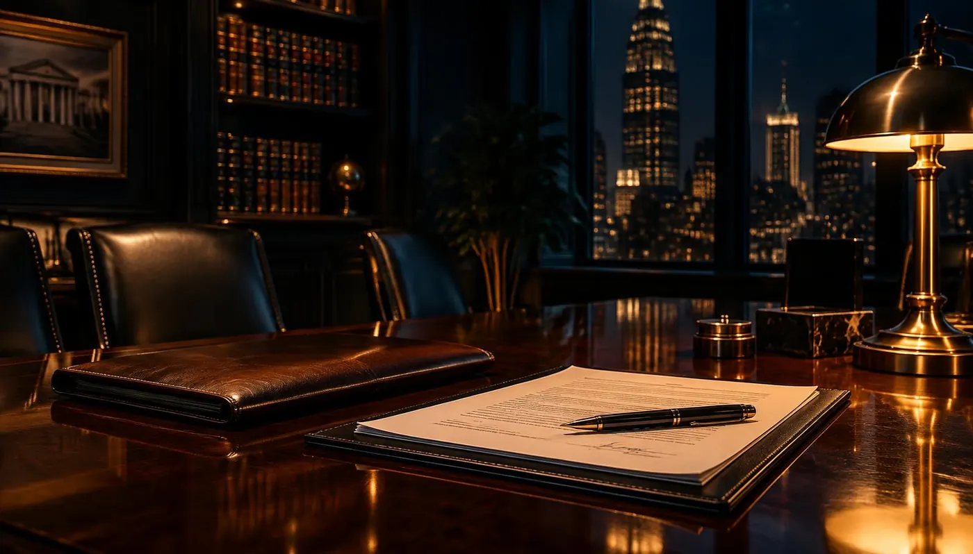 Signed agreement and pen on a conference table in a law office at night