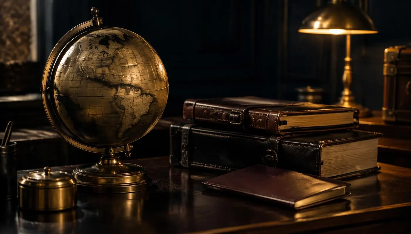 Brass globe beside leather-bound case files on a dark desk