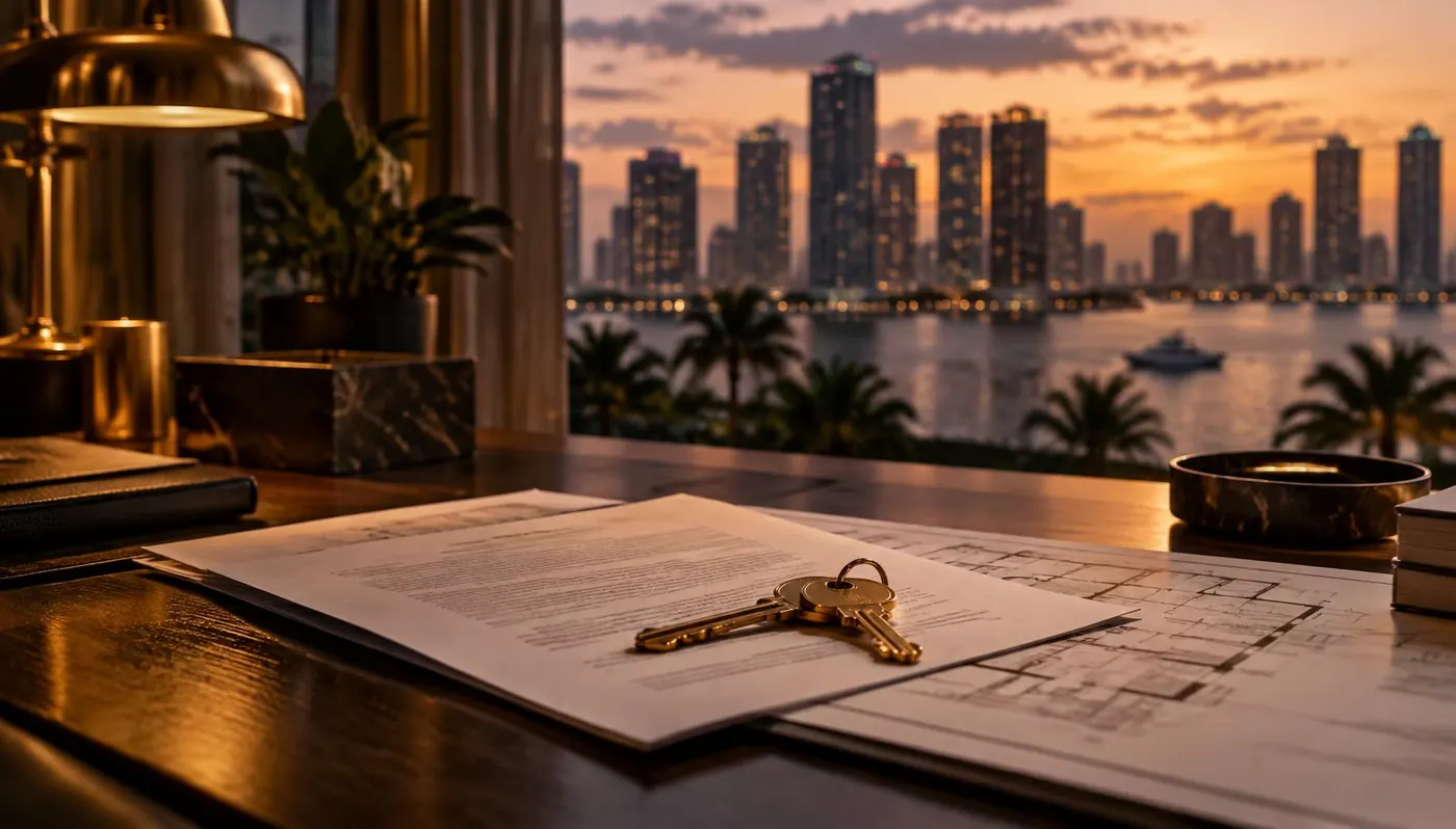Property keys resting on deed documents and floor plans by a waterfront window